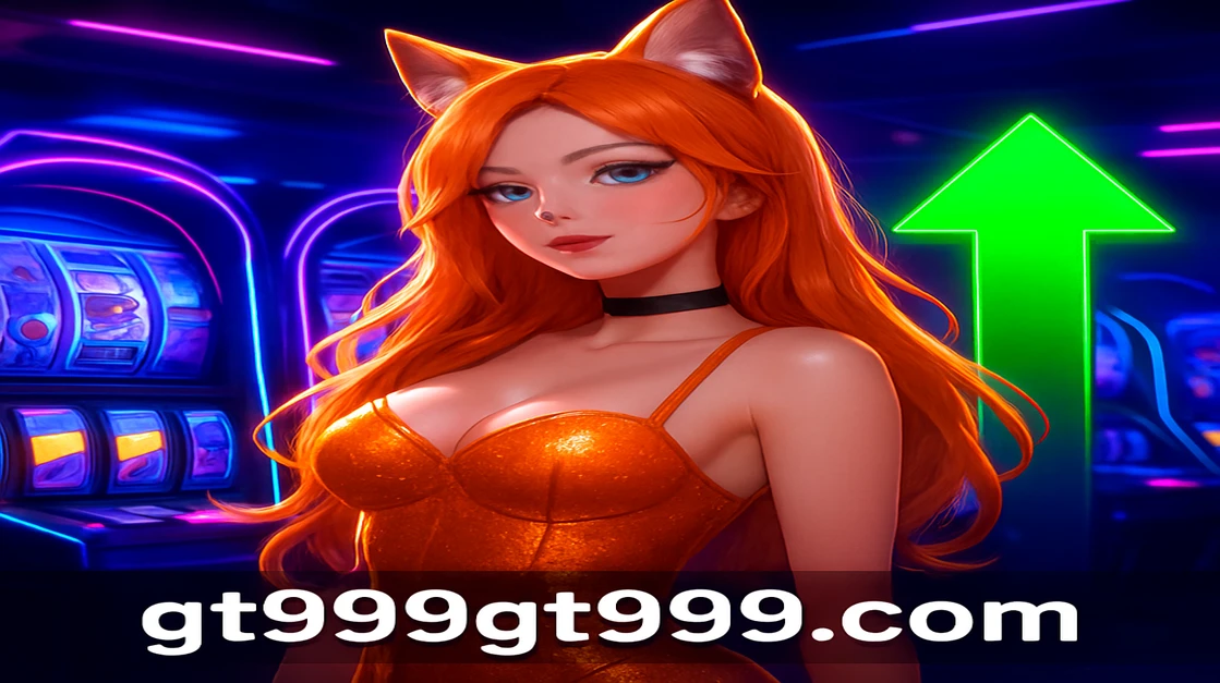 খরগোশ-কানের টুপি পরা একজন নারী GT999 গেমিং প্ল্যাটফর্ম অ্যাপে আর্কেড-গেমের সামনে খেলা করছেন; সামনে উঠা সবুজ তীর বড় লাভ ও মুনাফা নির্দেশ করে।
