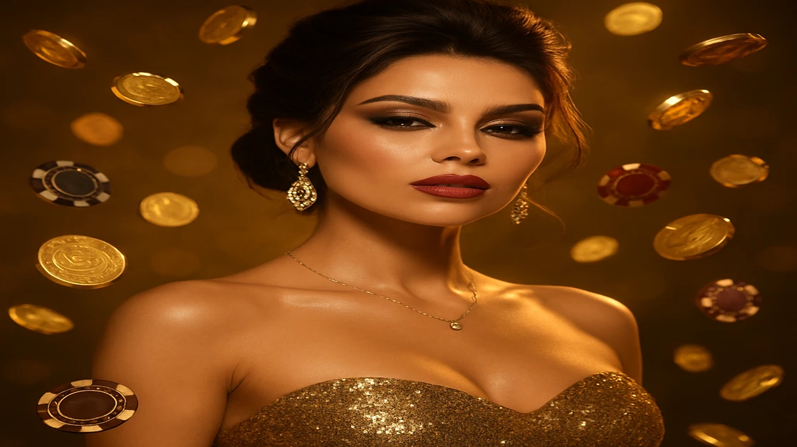 GT999 গেমিং প্ল্যাটফর্মে এক মোহময়ী নারী ঝলমলে সোনালি পোশাকে বিলাসবহুল অভিজ্ঞতার প্রতিচ্ছবি হিসেবে উপস্থিত; তার চারপাশে চকচকে সোনা মুদ্রা ও চিপস ছড়িয়ে ছিটিয়ে আছে।