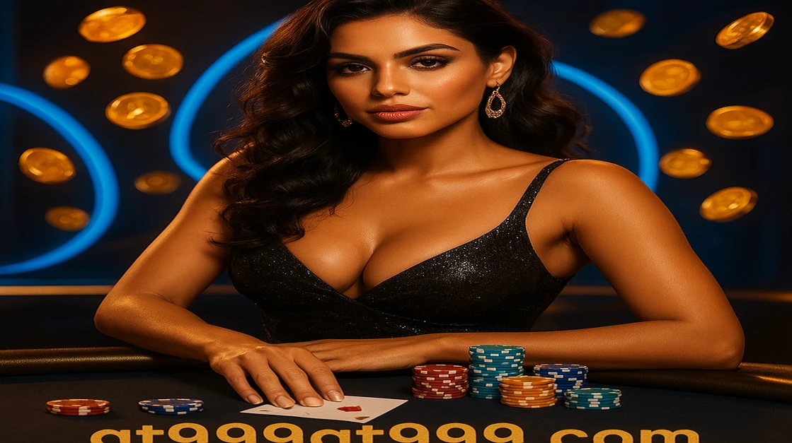 GT999 লাইভ গেমিং-এ একটি সুন্দর হোস্ট-চরিত্র টেবিলের পাশে আপনাকে ১০০% স্বাগত বোনাসসহ খেলার আমন্ত্রণ জানাচ্ছেন; চারপাশে চিপস ও ভাসমান সোনা মুদ্রা ছড়িয়ে রয়েছে।
