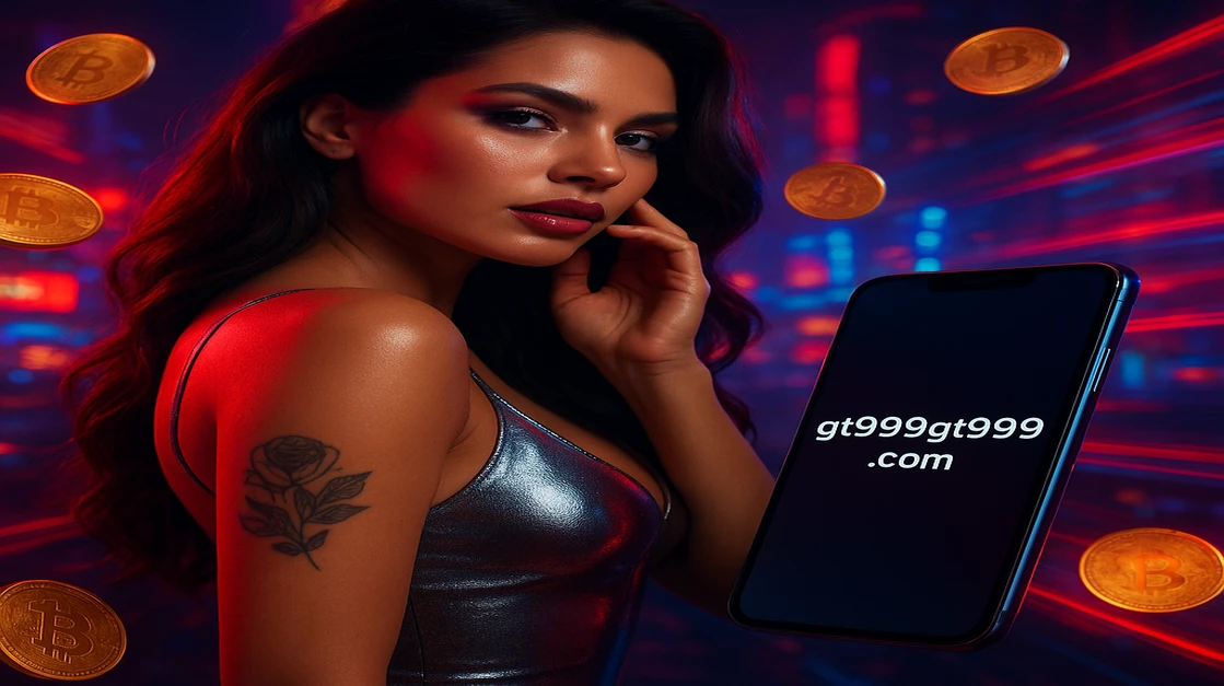 GT999 ক্রিপ্টো গেমিং প্ল্যাটফর্মে লগইন করতে একজন নারী স্মার্টফোনটি সামনে ধরে, তার চারপাশে জ্বলন্ত বিটকয়েন কয়েন ও একটি ভবিষ্যৎ-নির্ভর গেমিং প্ল্যাটফর্ম পরিবেশ ছড়িয়ে রয়েছে।